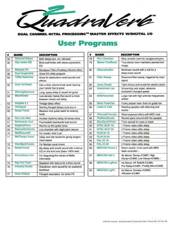 Alesis Quadraverb Program Chart